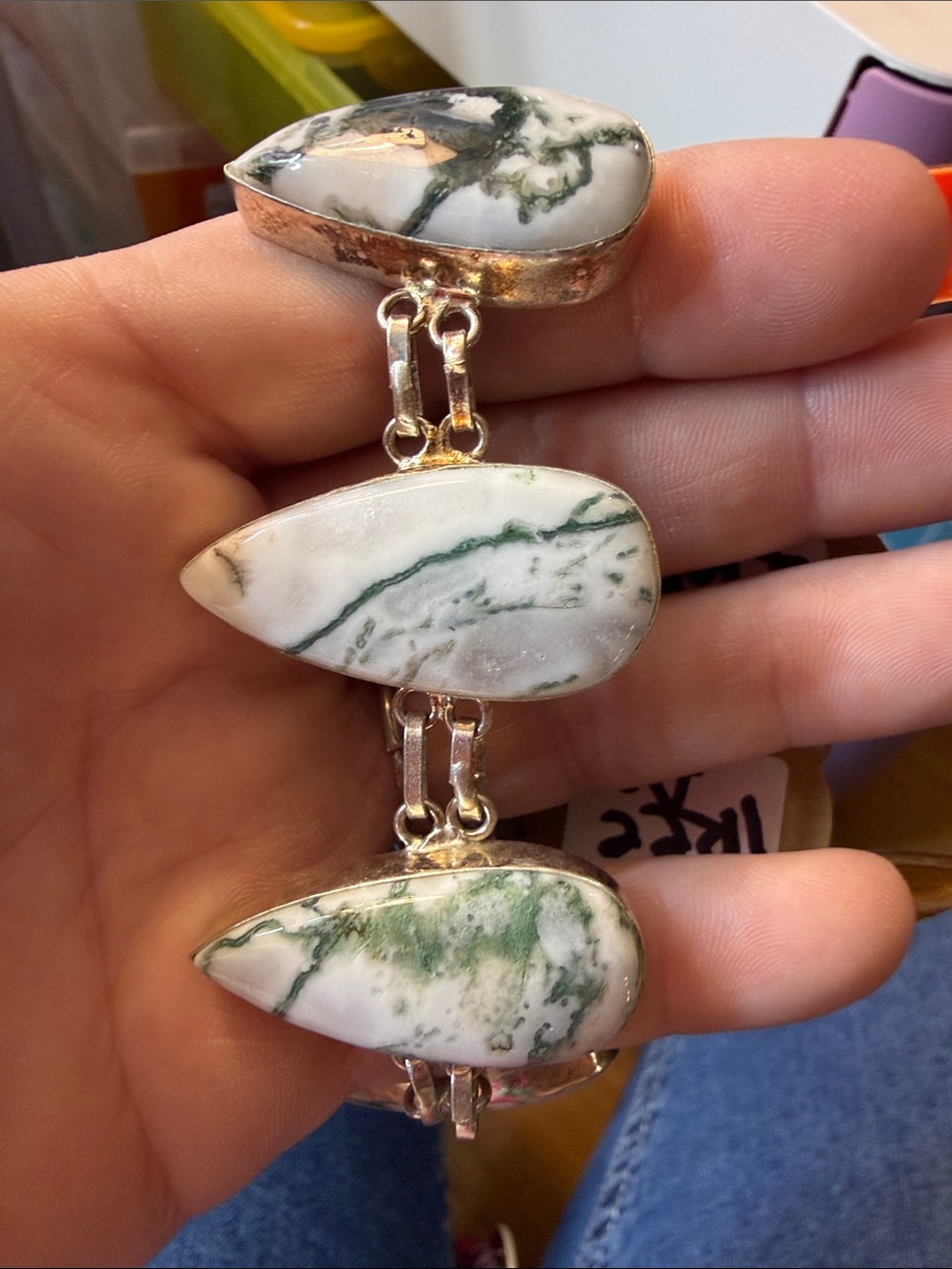 Handcrafted White and Green tree agate elegant silver bracelet